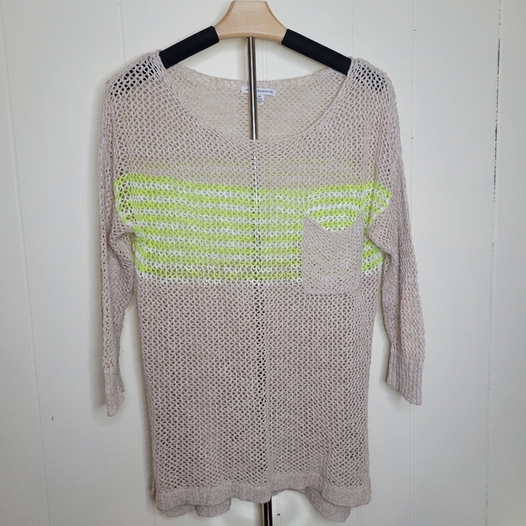 American Eagle Tan Neon Green Color Block Chunky Knit 3/4 Sleeves Top - Picture 1 of 6